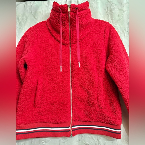 Tommy Hilfiger Women’s Zip Front Fleece Bomber Red & Sporty Stripes Jacket Small - Picture 2 of 6